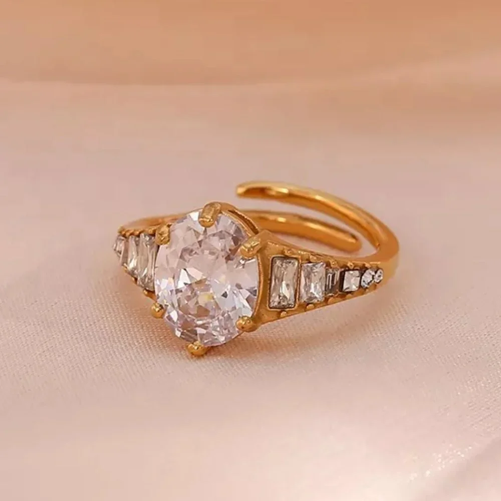 Luxury Crystal Zircon Adjustable 18K Gold Plated Stainless‎ Steel Ring